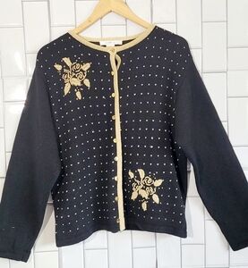 LISE J Vintage Black Gold Cardigan Sweater  Gold Embroidered Floral Deta…